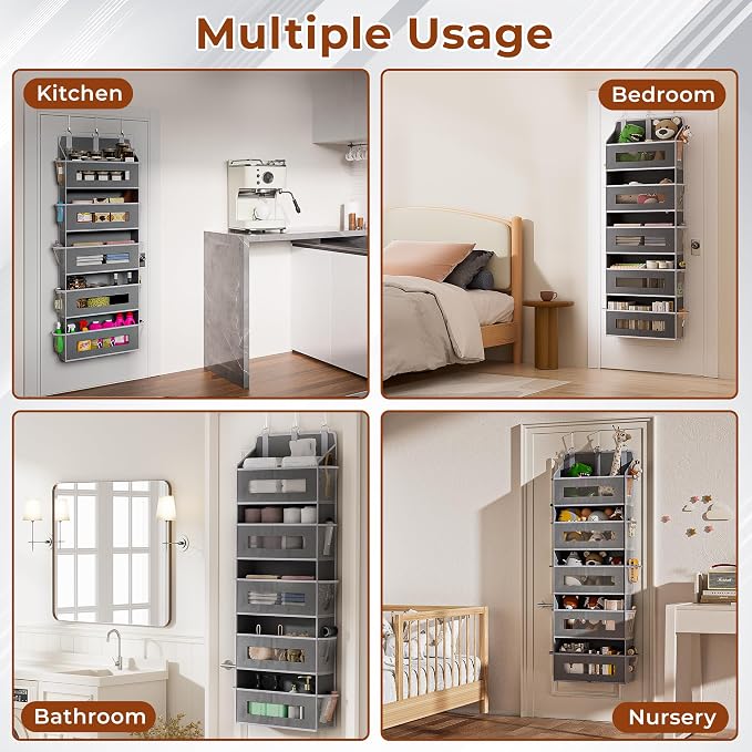 3 Pack 5 Tier Over the Door Organizer Space-Saving Storage for Any Room | Grey Hanging Closet Organizer with 10 Mesh Pockets and Clear Windows, Closet Organizers and Storage for Bathroom, Bedroom - Image 7