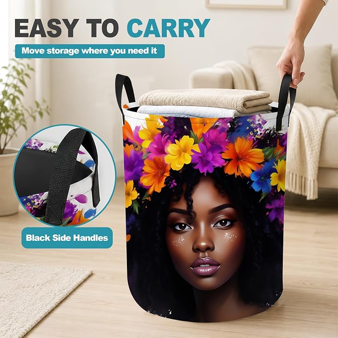 Laundry Hamper,African Girl Woman Collapsible Laundry Basket with Handles,Boho Floral Waterproof Oxford Cloth Clothes Organizer for Bedroom Bathroom Dorm Nursery,16 x 20 Inch - Image 5