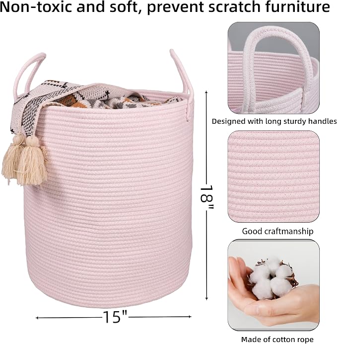 XUANGUO Cotton Rope Laundry Basket Hamper for Girls Kids Baby Nursery Pink - Image 2
