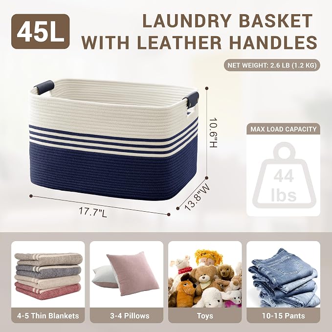 45L Small Woven Laundry Basket Hamper with Leather Handles,Navy - Image 2