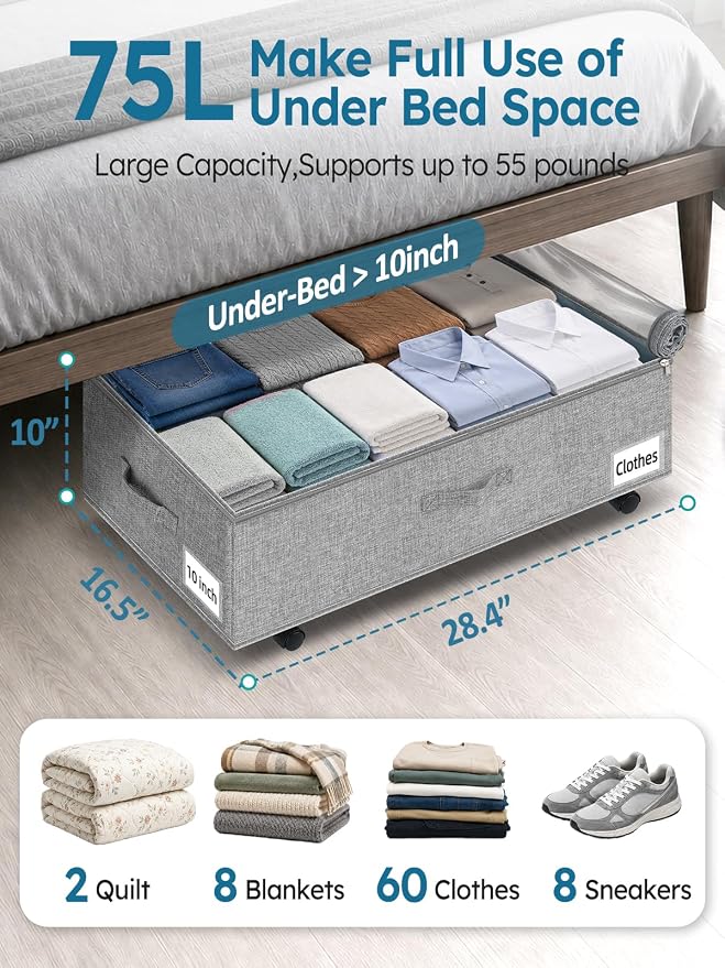 10-in 75L Low Profile Under Bed Storage with Wheels, 2 Pack, Gray | 5 Rotating Wheels, Large Clear lid, Rigid Sides & Bottom, Low Space Storage, Under Bed, Couch, Crib, Dorm Organization - Image 2