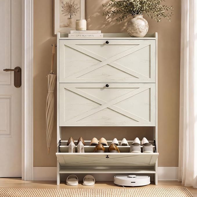 VASAGLE Narrow Shoe Storage Cabinet Organizer with 3 Flip Drawers | Freestanding Shoe Rack, Fits 21 to 24 Pairs, for Entryway, Farmhouse Style, Rustic White, HANIS Collection UHSC303WJ01S by VASAGLEbySONGMICSHOME
