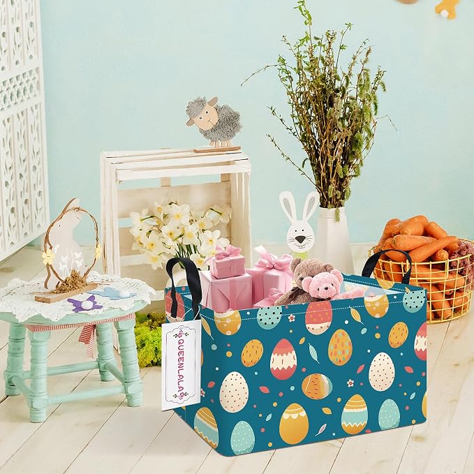 Rectangular Collapsible Laundry Basket with Side Handles, Blue Easter eggs - Image 7