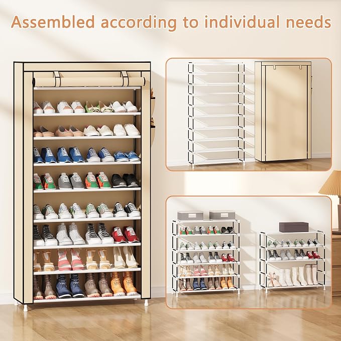 Laiensia 9-Tier Shoe Rack ，Space Saving Shoe Storage Organizer Non-Woven Cover Shoe Shelf Holds 36-45 Pairs for Bedroom, Hallway, Entryway, Beige - Image 4