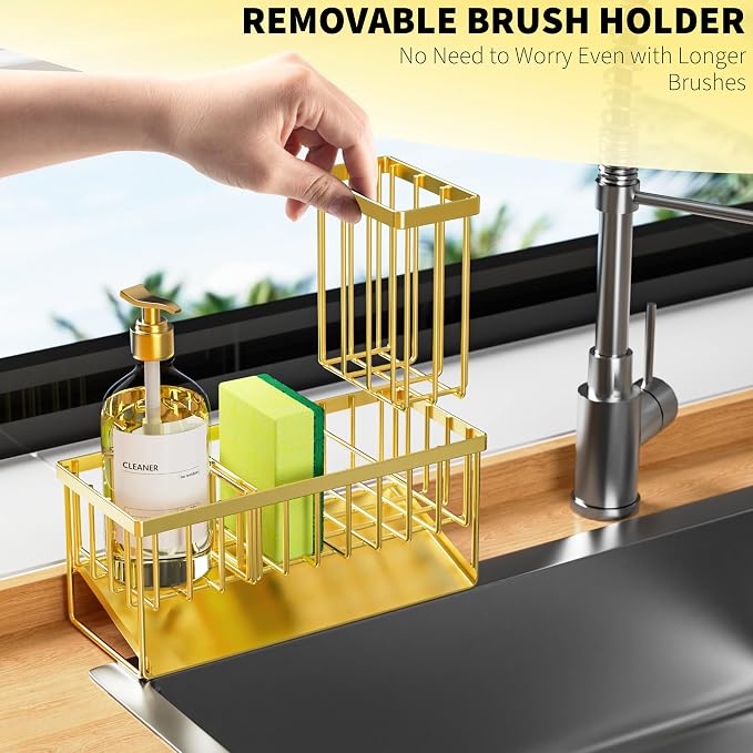 Cisily Gold Kitchen Sink Caddy Organzier with High Brush Holder, Sponge Holder for Sink, 304 Rustproof Stainless, Kitchen Countertop Soap Dispenser Organizer, Home Decor and Accessories - Image 4