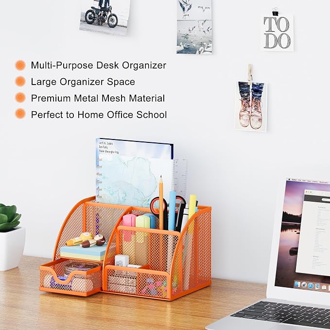 EasyPAG Mesh Desk Organizer with Drawer Multi-functional Pen Holder Stationery Organizer for Office School Supplies 6 Compartments Dorm Organizers and Storage for Desk, Orange - Image 2