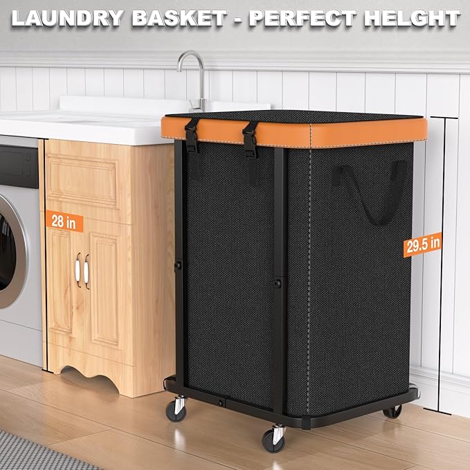 Laundry Hamper with Wheels,150L Leather Patchwork Clothes Hamper Black - Image 4