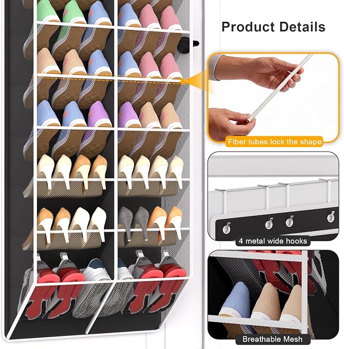 Over the Door Shoe Organizer with 20 Large Mesh Pockets, Black - Image 7
