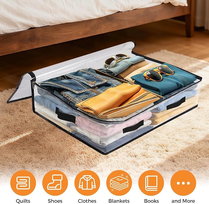 2 Pack Under Bed Storage Bags, 60L Foldable Clear Containers with Handles | Dual Zipper Storage Bins for Comforters, Bedding, Blankets, Closet Organizer for Clothes, Linen Sheets, Sweaters - Image 4