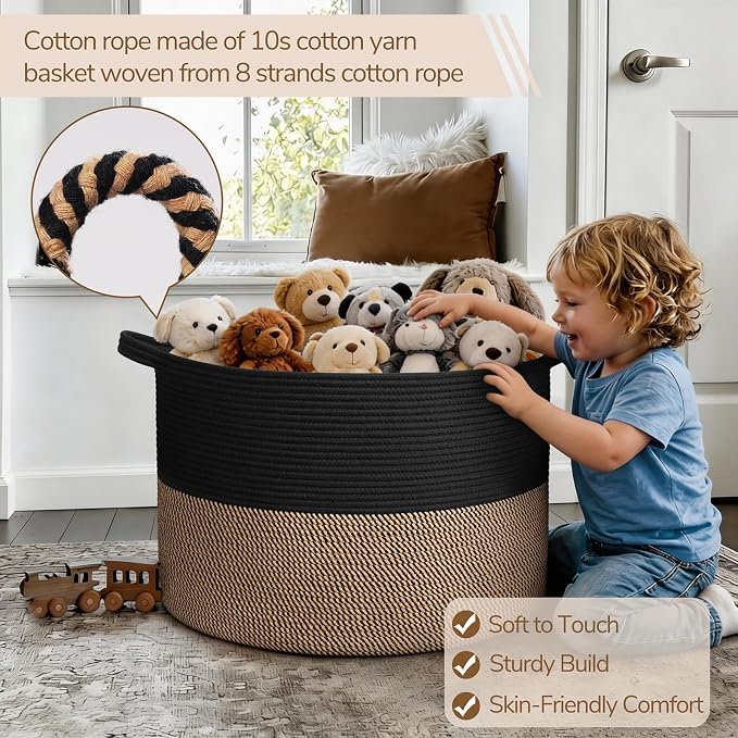 INDRESSME 115L Extra Large Woven Rope Blanket Basket Living Room, Mix Black - Image 3