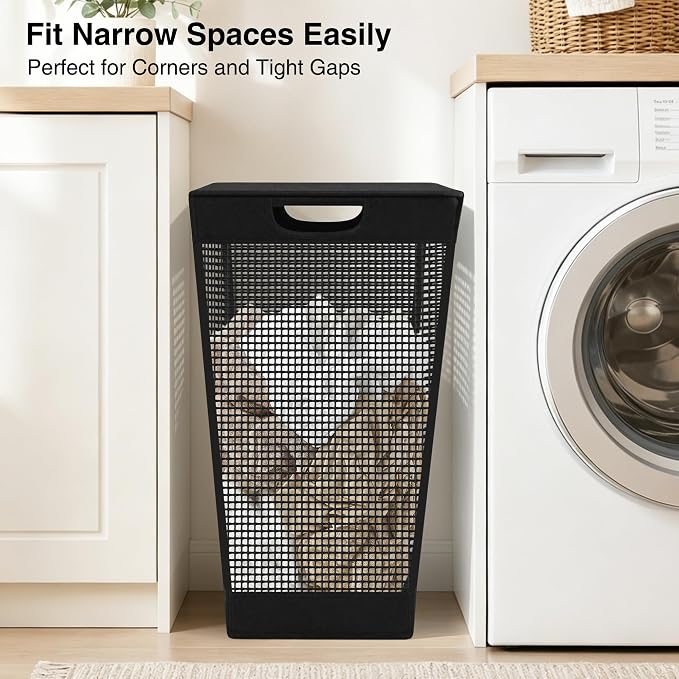 STO STO 75L Laundry Hamper with Lid, Black Clothes Hamper with Handles, Breathable Vinyl Mesh Laundry Basket, Sturdy Steel Frame, Space Saving Laundry Bin for Bathroom, Bedroom, Dorm, Small Spaces - Image 4