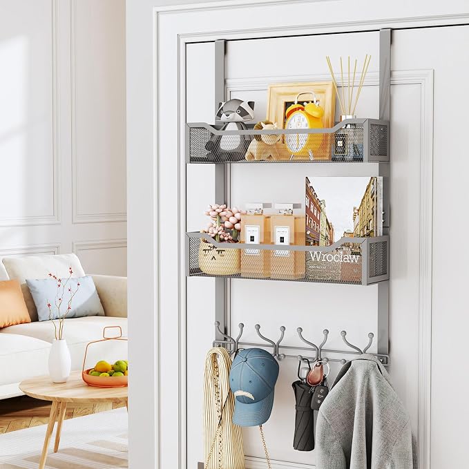 SWTYMIKI Over The Door Hooks Organizer - Multi-Functional Door Hanger with 16 Hooks & 2 Mesh Baskets, Long Coat Rack for Bathroom, Bedroom, Living Room, Home Storage Organizer, Gray - Image 2