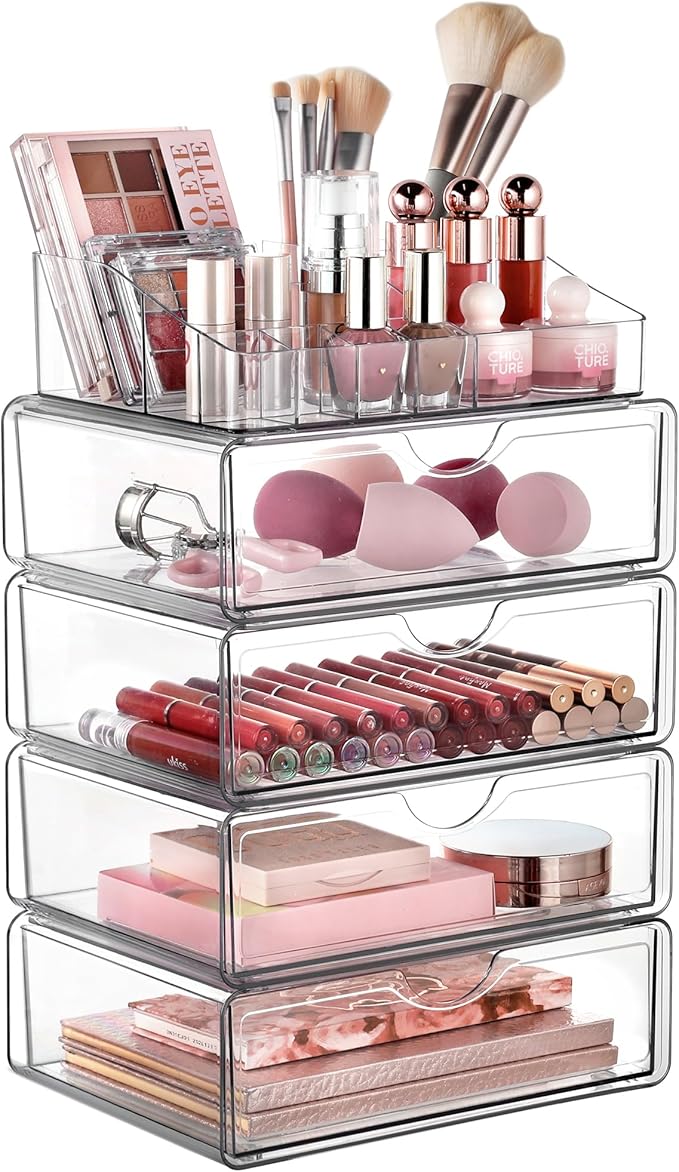 Vtopmart 5 Tier Clear Makeup Organizer with Drawer, Cosmetic Storage for Dresser Countertop and Bathroom Vanity, Beauty Holder for Lipstick Brush Skincare by Vtopmart