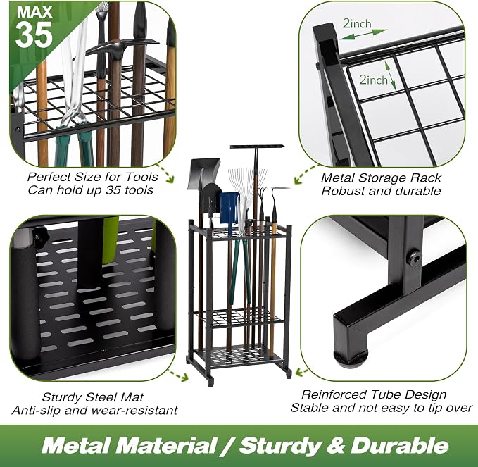 Garden Tool Organizer, Garage Tool Organizer & Garage Organization, Heavy Duty Steel Tool Storage Rack Holds 35 Rakes, Brooms Tools, Broom Holder and Mop Holder, Shed Organizer for Home Organization - Image 3