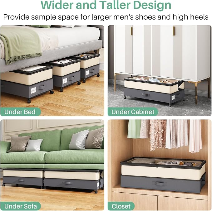 Kitstorack 2Pack Height-adjustable Under Bed Storage with Wheels, Under Bed Storage Containers,Under Bed Shoe Storage Organizer with Clear Window&Label, Suitable for Clothes Storage, Beige & Gray - Image 6