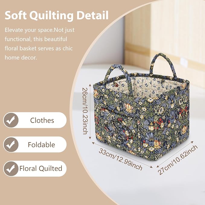 Storage Basket Boho Fabric Large Collapsible Floral Laundry Nursery Hamper Portable Folding Storage for Clothes Toys (Blue) - Image 6