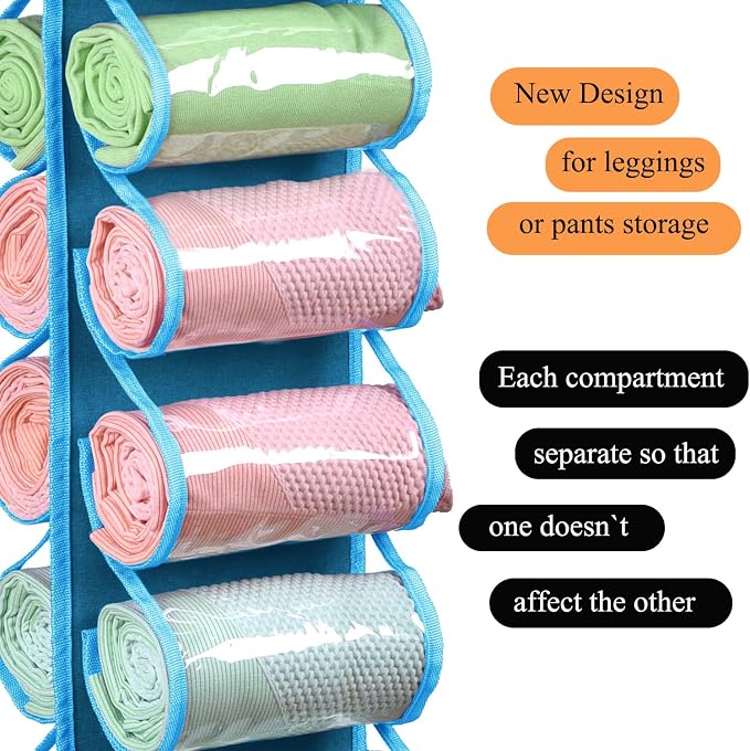 Legging Storage Bag Storage Hanger Can Holds 24 Leggings or Shirts Jeans Compartment Storage Hanger, Foldable Leggings Organizer Clothes Portable Closets Roll Holder (Blue) - Image 4