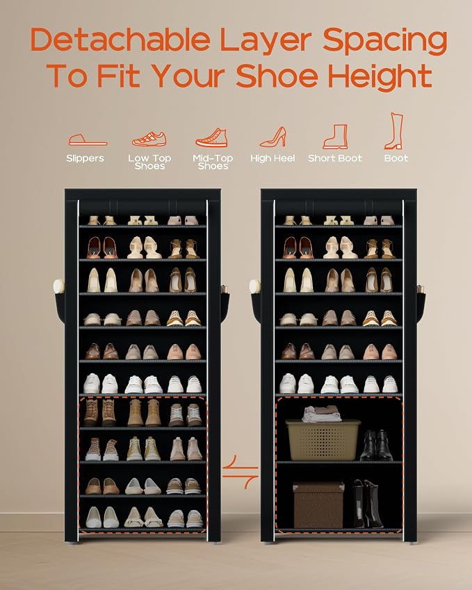CASAMAYA Shoe Rack with Covers, 10 Tiers Tall Shoe Rack Organizer, Large Capacity Shoe Shelf Storage, Hold 30 Pairs of Shoes, Vertical Shoe Storage Organizer for Closet, Entryway, Black, SRT103B01 - Image 4