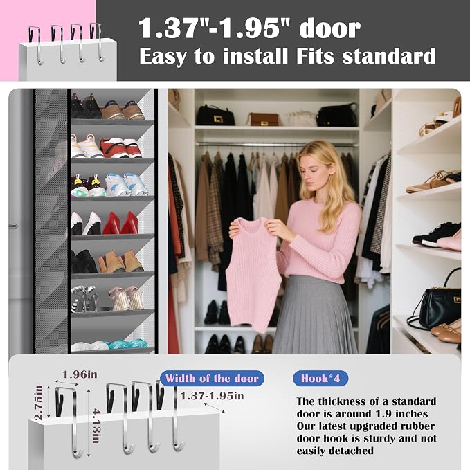10 - Pocket Over - the - Door Hanging Shoe Organizers & Rack, Made of Sturdy 600D Oxford + Non - Woven Fabric, Space - Saving Storage for Shoes, Boots & More (Gray) - Image 4