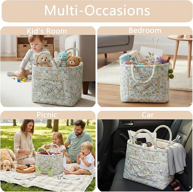 Quilted Fabric Storage Basket with Handles & Pocket, Foldable Laundry Hamper Boho Floral Print Organizer Bin for Home, Picnic, Office 12"x10"x10" (A-3) - Image 5