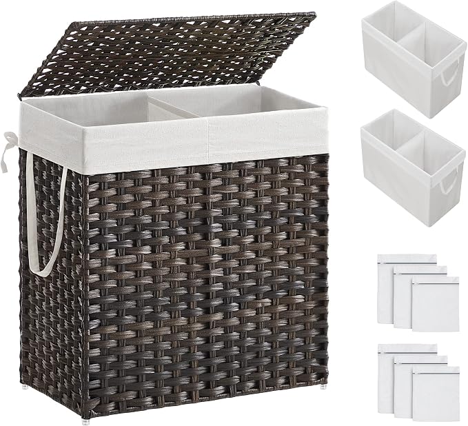 SONGMICS Laundry Hamper with Lid, 110L Double Wicker Basket, 6 Mesh Bags by Unknown