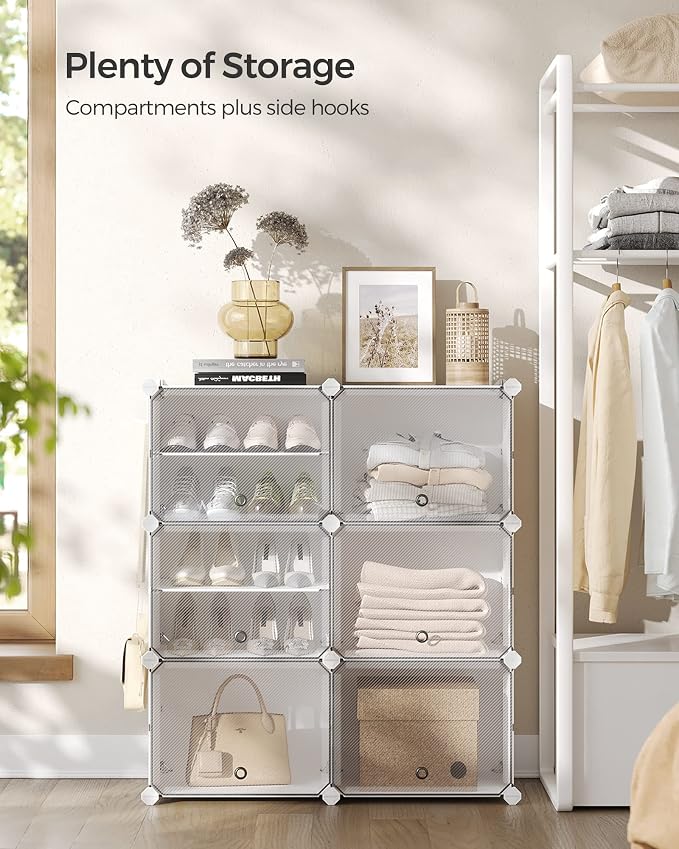 SONGMICS Shoe Rack, 6-Tier with Doors, 24-Pair Storage Cabinet | Shoe Organizer, Steel Frame, Plastic Panel, Bedroom, Entryway, Cloud White and Transparent, DAMION Collection ULPC033W01 - Image 4