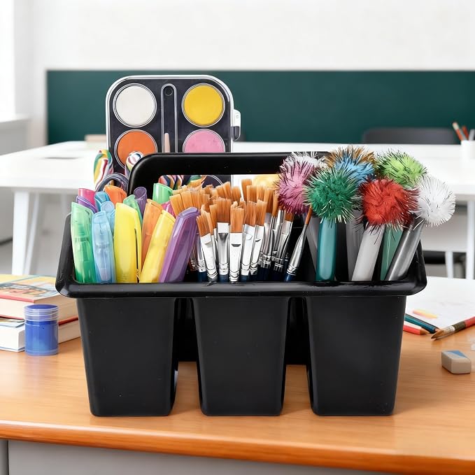 Plastic Caddy With Handle,Protable Classroom Craft Caddy, 6-pack Storage Caddy For Pencil,Pen,Craft Tools (Black) - Image 6