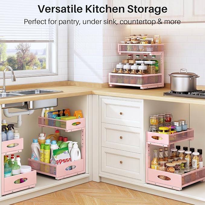Under Sink Organizer, 2 Pack 2 Tier Pull Out Under Cabinet Organizer Shelf with Pad for Framed Cabinets, Metal Slide Out Under Sink Storage, Mesh Sliding Drawers for Kitchen Bathroom Laundry, Pink - Image 8