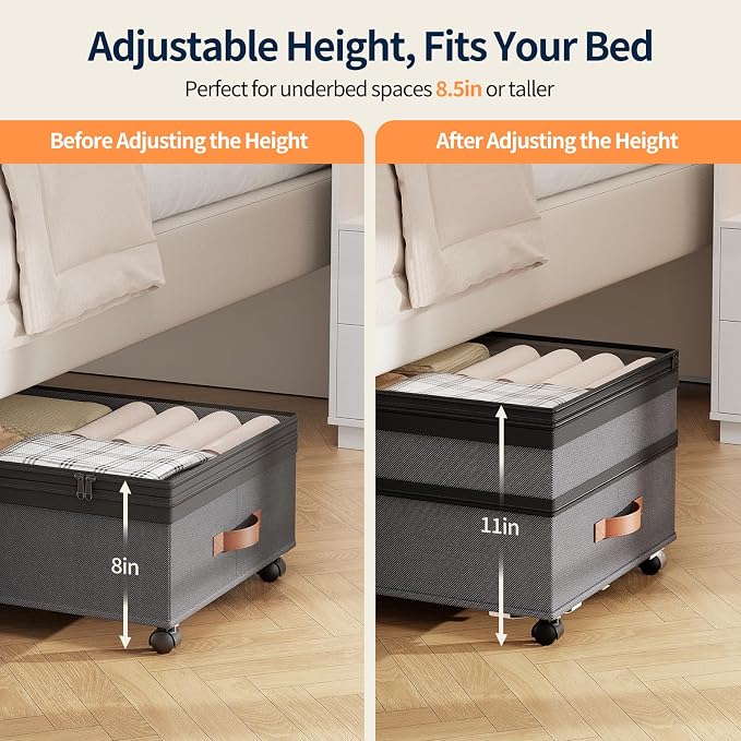 Yecaye 90L Under Bed Storage with Wheels, Height Adjustable, 2 Pack, Grey - Image 4