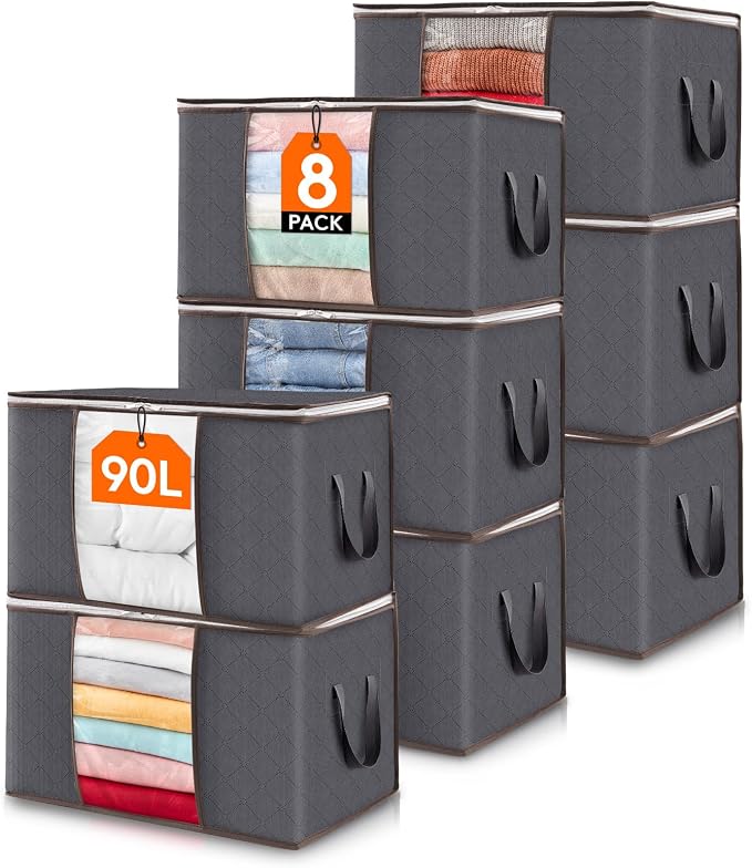 Lifewit 8 Pack 90L Clothes Storage Bins with Lids, Foldable Blanket Storage Bags with Zippers, Clear Window and Reinforced Handles, Closet and Organization for Clothing, Sweater, Comforter, Bedding by Lifewit