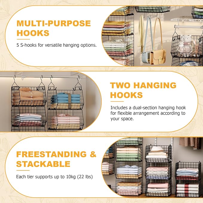 X-cosrack 7 Tier Foldable Hanging Closet Organizer and Storage,Wire Closet Shelving with 4 Large Hooks+ 5 S Hooks,Hanging Basket for Clothes Sweaters Shoes Handbags,Small Closet Organizers - Image 5