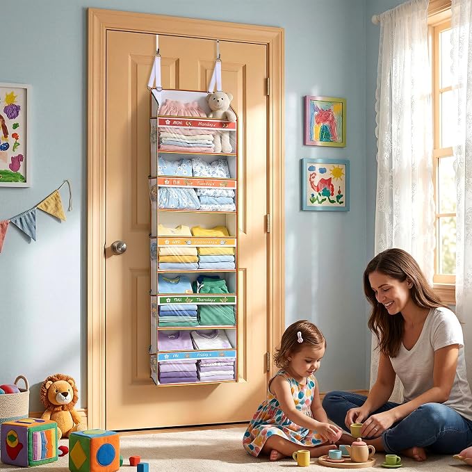 5 Tiers Adjustable Weekly Over Door Organizer with 10 Mesh Side Pockets, 44 lbs Weight Capacity Hanging Storage Organizer with Clear Window Kids Toys, Shoes, Diapers, Colorful - Image 2