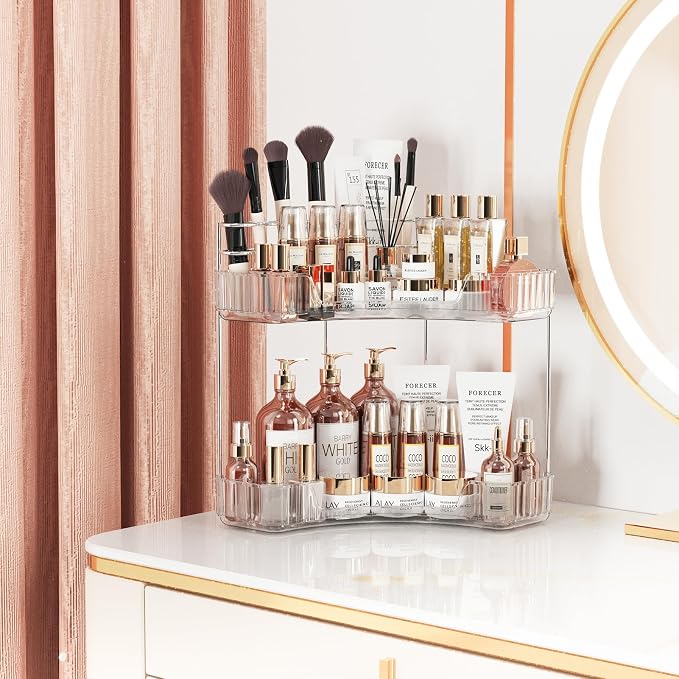 Asayuee 2-Tier Corner Bathroom Counter Organizer with Top Toothbrush Holders,Large Makeup Organizer Countertop with Brush Holder,Skincare Organizers Corner,Exquisite Vanity Organizer(Clear, 2 Tier) - Image 4