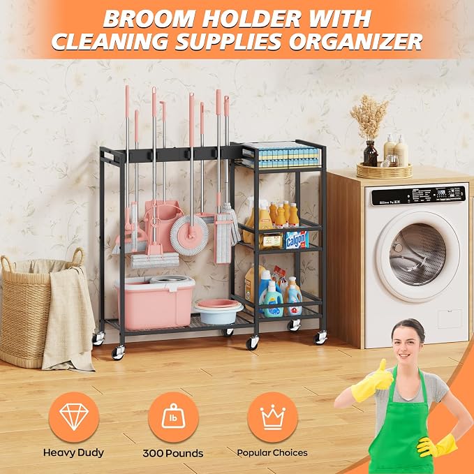 Broom and Mop Holder, MUNNAR Broom Closet Storage Cabinet with Cleaning Supplies Organizer, 2-in-1 Broom Mop and Cleaning Supplies Storage Cleaning Cart, Cleaning Cart with Wheels for Housekeeping - Image 3