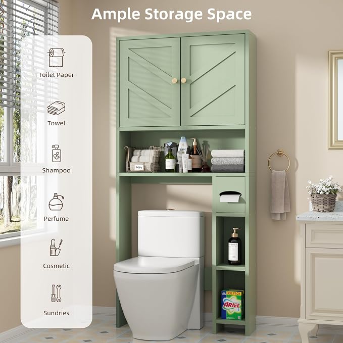 Shintenchi Over the Toilet Storage Cabinet, Bathroom Storage Cabient with Barn Doors, Bathroom Storage Shelf Organizer with Toilet Paper Holder, Adjustable Shelf and Anti-Tip Device, Green - Image 5
