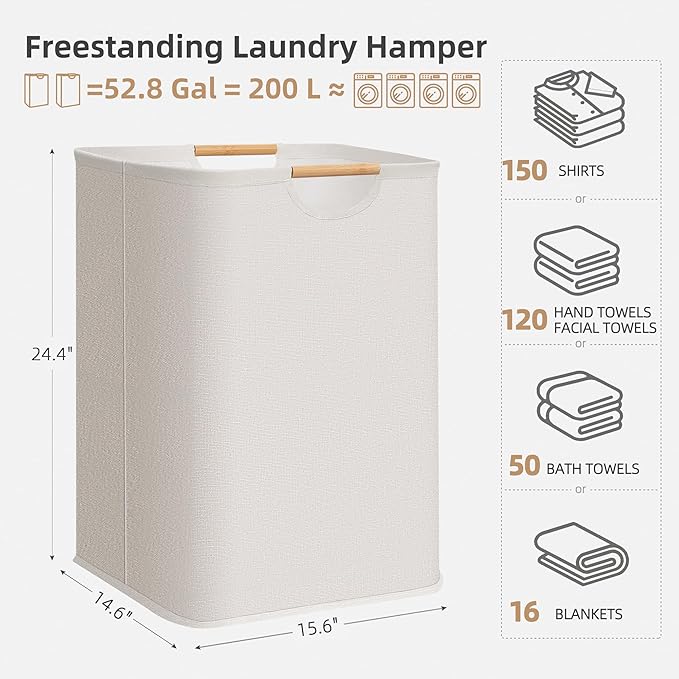 STORAGE MANIAC 2-Pack Large Laundry Hamper, 100L (26.4 Gal) Collapsible Laundry Basket with Bamboo Handles, Freestanding Waterproof Clothes Hamper for Laundry Room, Bedroom, Dorm, Towels, White - Image 4