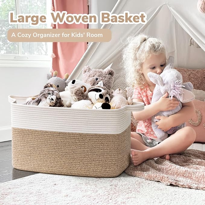 Goodpick Large Woven Blanket Basket, 21.6" x 14.9" x 11.8" Storage Baskets for Organizing, Rectangle Cotton Rope Toy Basket for Living Room, Bedroom, White & Brown (Pack of 3) - Image 2