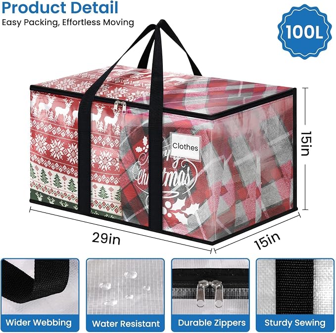 RoomHacks Moving Bags, Heavy Duty Large Storage Bags, 100L, 6 Pack, Clear | Water-Resistant Packing Bags with Reinforced Handles & Dual Zippers, Foldable Storage Totes for Dorm Move & Home Organization - Image 2