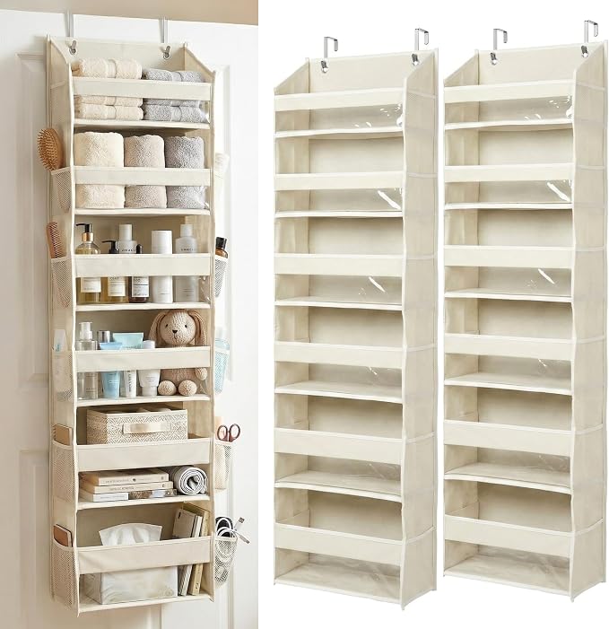 HOMELUX THEORY Over the Door Organizer, 6-Tier, 100D Fabric, Ivory 2pc | Over the door shoe organizer, 50 lbs capacity, 12 side mesh pockets, 100D extra thick fabric, Closet & entryway storage by HomeluxTheory