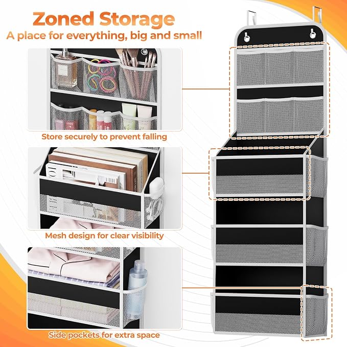 SpaceHacks 5-Tier Over the Door Organizer with Mesh Pockets, Baby Nursery Storage for Closet, Bathroom and Bedroom, Adjustable Hanging Closet Organizer for Cosmetics, Books and Essentials (Black) - Image 3