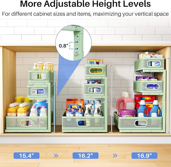 Under Sink Organizer, 3-Tier Thickened Metal Pull out Cabinet Organizer Shelf, Height Adjustable Slide out Storage Drawer Rack for Kitchen Bathroom Pantry Laundry Home Organization, 1-Pack, Green - Image 8