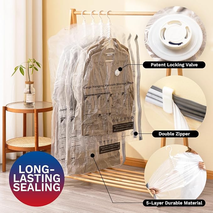 Hanging Vacuum Storage Bags, Space Saver for Clothing, 6 Long with Pump | Vacuum Seal Bags for Clothing with Electric Pump, Hanging Garment Storage for Jackets, Suit, Dresses, Winter Closet Organizer - Image 5
