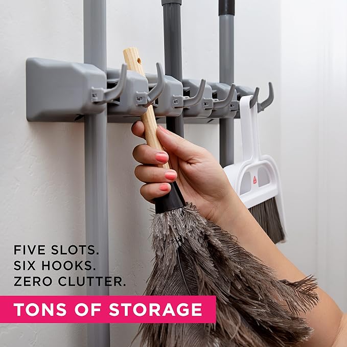 Berry Ave Broom Holder & Wall Mount Garden Tool Organizer- Kitchen, Closet, Garage & Laundry Room Storage With 5 Slots And 6 Hooks- Wall Holder For Broom, Rake & Mop Handles Up To 1.25” [Gray, 2 Pack] - Image 2