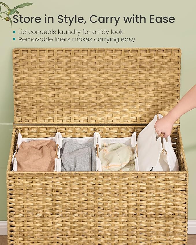 SONGMICS 4-SectionLaundry Hamper With Lid, PE Rattan, 55.5 Gallons (210 L) - Image 4