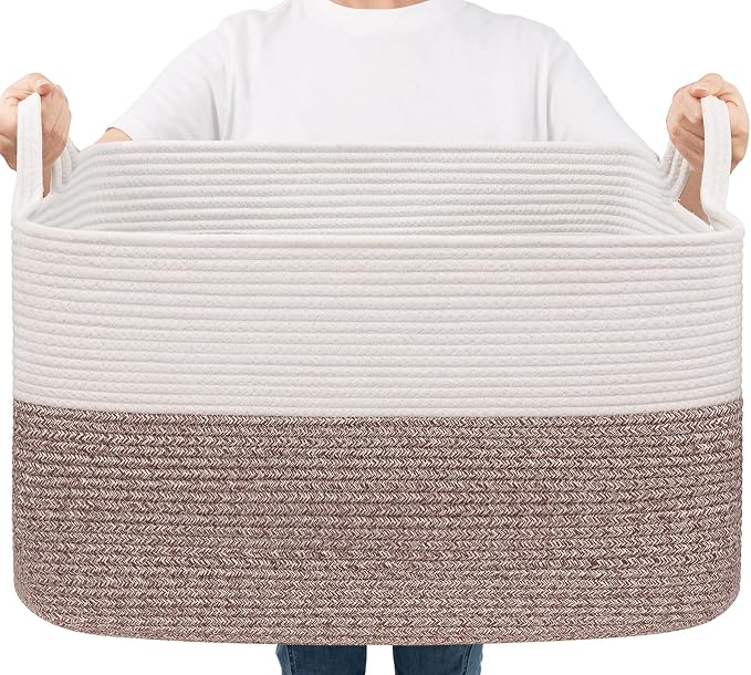 Goodpick Large Woven Rope Blanket Basket, Rectangle, White & Brown by Goodpick