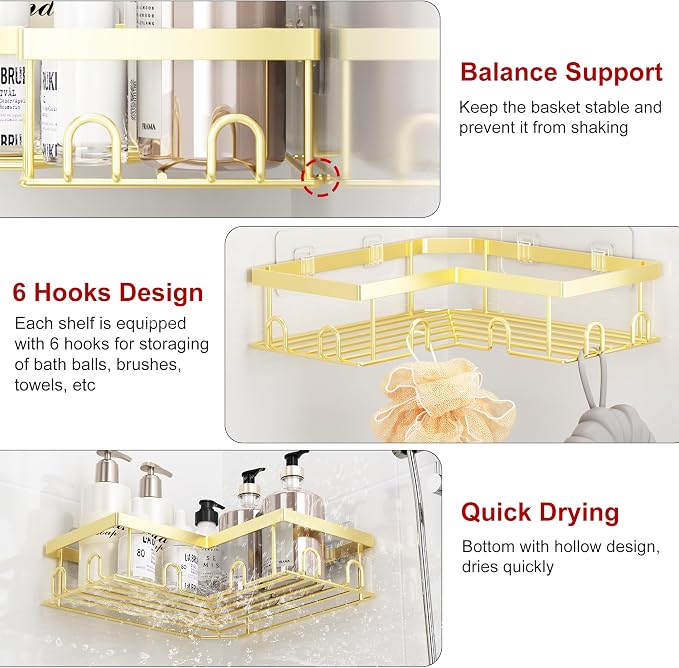 Liuoud Corner Shower Caddy, 5 Pack Adhesive Stainless Steel Organizer, Gold - Image 9