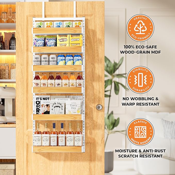6-Tier White Metal Door Hanging Spice Rack Organizer Over The Door Pantry Organizer Back of Door Storage Rack with Adjustable Basket Door Pantry Organizer with Anti-drop Rod for Kitchen - Image 5
