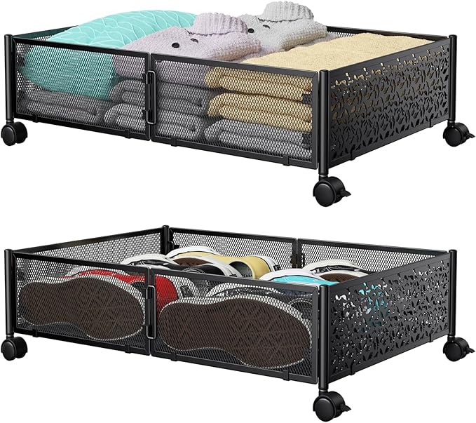 PHINOX Under Bed Stroage Container with wheels,Patterned,Metal,2 Pack,Black | Tool-free assembly, glide smoothly, easy reach, foldable, maxmazie low-profile beds, dorm, keep seasonal clothes, shoes fresh by PHINOX