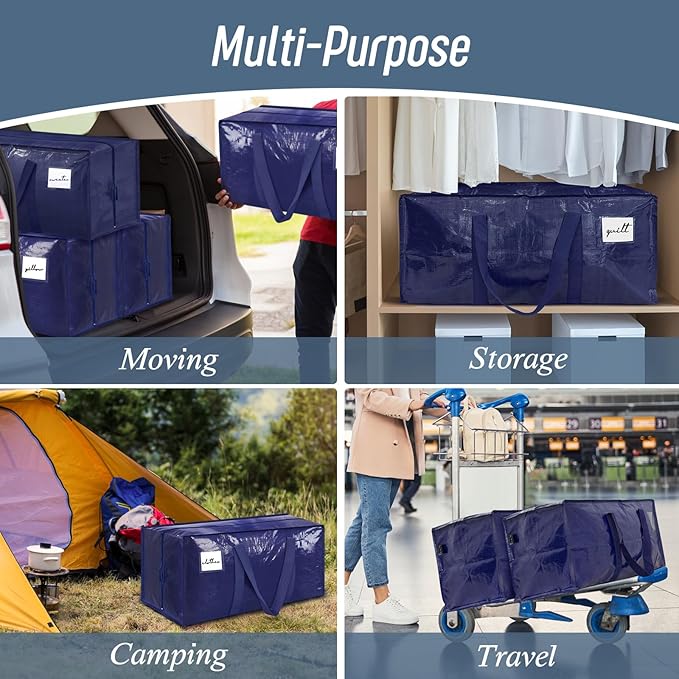 12 Pack Extra Heavy Duty Large Moving Bags with Strong Zipper, Dark Blue | Comfortable Handles, Sturdy & Durable Clothes Storage Bags Totes Bins, Blue Packing Moving Boxes for College Supplies - Image 7