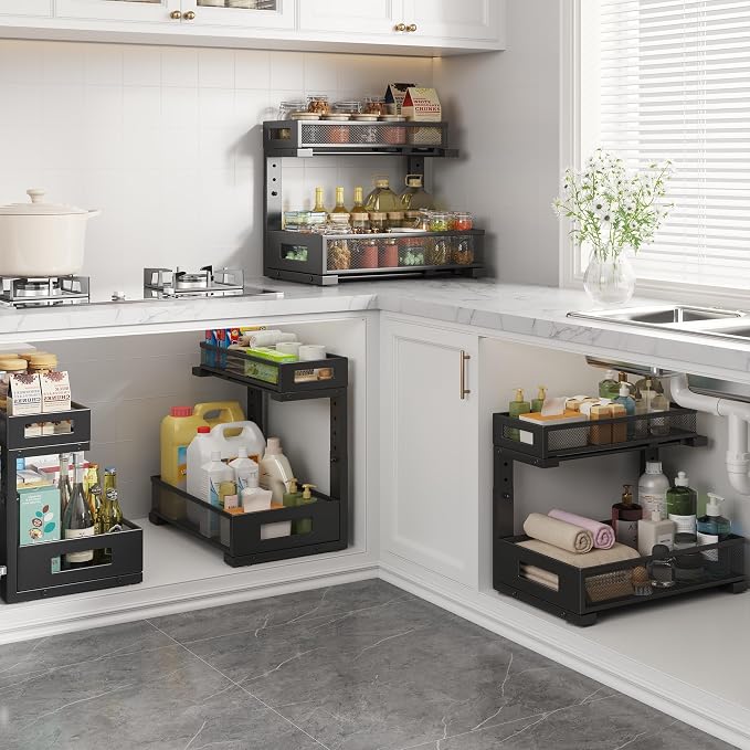 1 Pack-11.4"-16.14"H Under Sink Storage Organizer, Large 2-Tier Elegant Mesh Pull Out Shelf for Kitchen and Bathroom Cabinet Organization, L-Shaped and Adjustable Height Design for Maximum Space-Black - Image 6